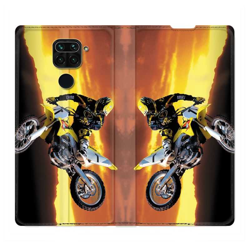 Housse Cuir Portefeuille Pour Xiaomi Redmi Note 9 Moto Cross Noir