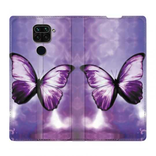Housse Cuir Portefeuille Pour Xiaomi Redmi Note 9 Papillon Violet et Blanc