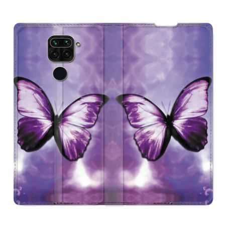 Housse Cuir Portefeuille Pour Xiaomi Redmi Note 9 Papillon Violet et Blanc
