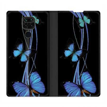 Housse Cuir Portefeuille Pour Xiaomi Redmi Note 9 Papillon bleu sur Noir