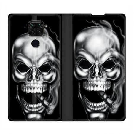 Housse Cuir Portefeuille Pour Xiaomi Redmi Note 9 Tete de Mort Fume