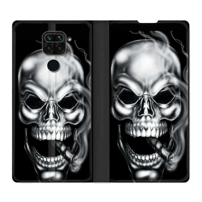 Housse Cuir Portefeuille Pour Xiaomi Redmi Note 9 Tete de Mort Fume