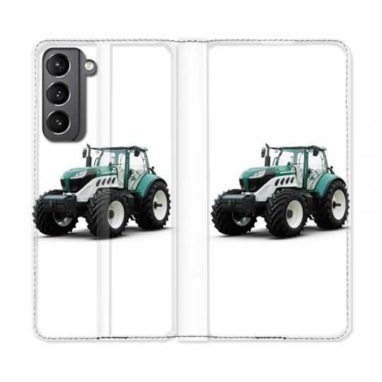 Housse Cuir Portefeuille Pour Samsung Galaxy S21 Agriculture Tracteur Blanc