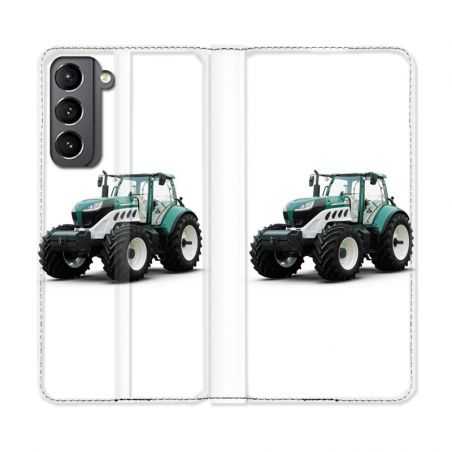 Housse Cuir Portefeuille Pour Samsung Galaxy S21 Agriculture Tracteur Blanc