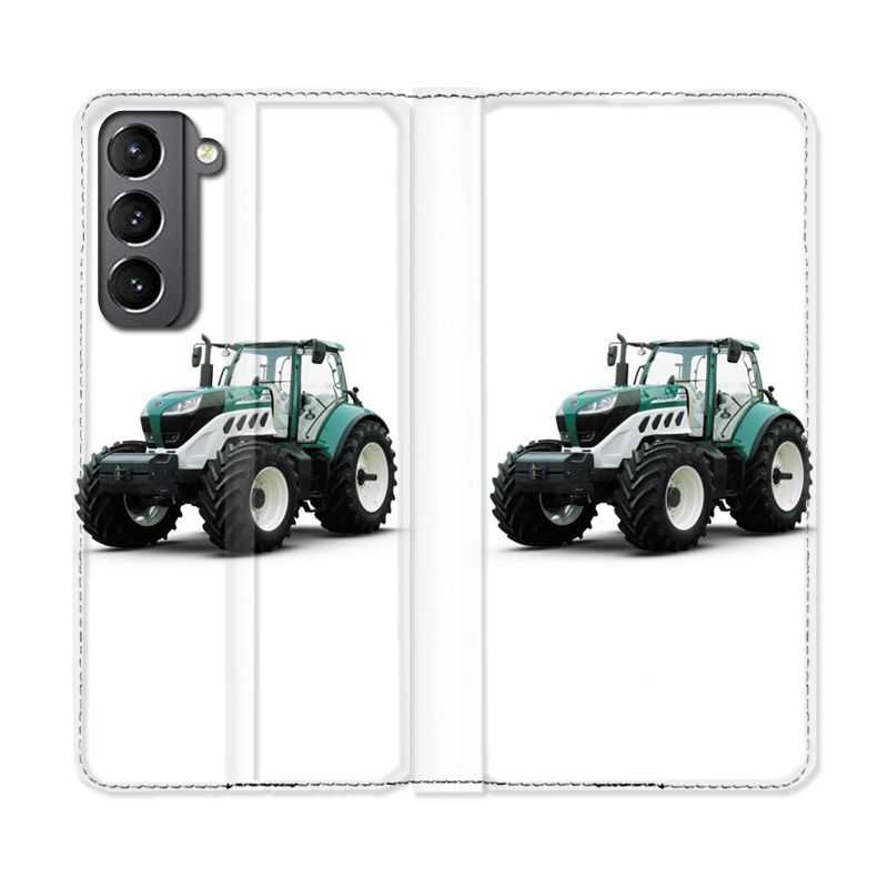 Housse Cuir Portefeuille Pour Samsung Galaxy S21 Agriculture Tracteur Blanc