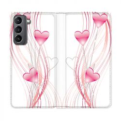 Housse Cuir Portefeuille Pour Samsung Galaxy S21 Coeur Rose Montant sur Blanc