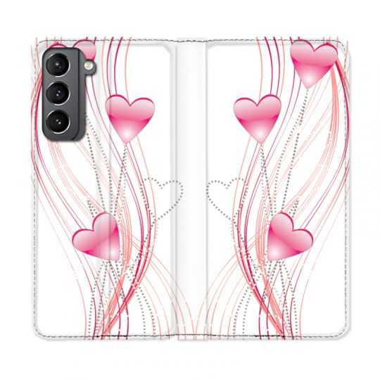 Housse Cuir Portefeuille Pour Samsung Galaxy S21 Coeur Rose Montant sur Blanc