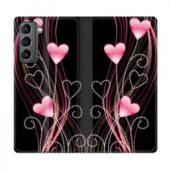 Housse Cuir Portefeuille Pour Samsung Galaxy S21 Coeur Rose Montant sur Noir