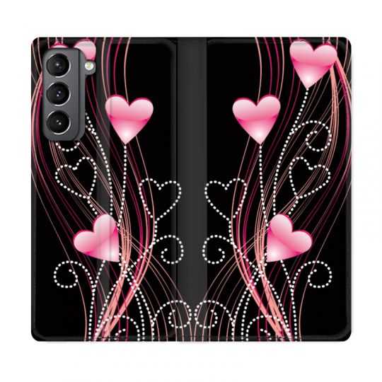 Housse Cuir Portefeuille Pour Samsung Galaxy S21 Coeur Rose Montant sur Noir