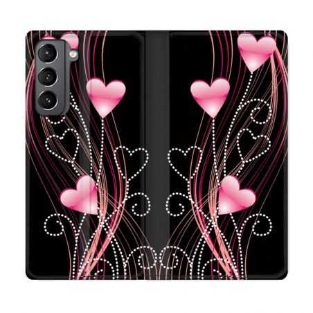 Housse Cuir Portefeuille Pour Samsung Galaxy S21 Coeur Rose Montant sur Noir
