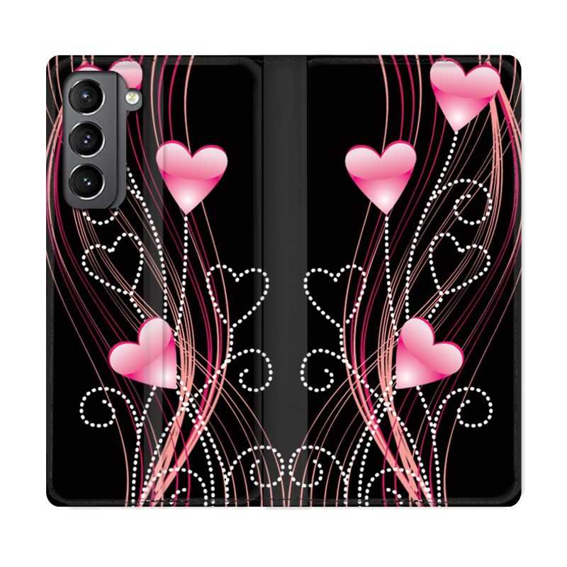 Housse Cuir Portefeuille Pour Samsung Galaxy S21 Coeur Rose Montant sur Noir