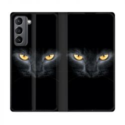 Housse Cuir Portefeuille Pour Samsung Galaxy S21 Chat Noir