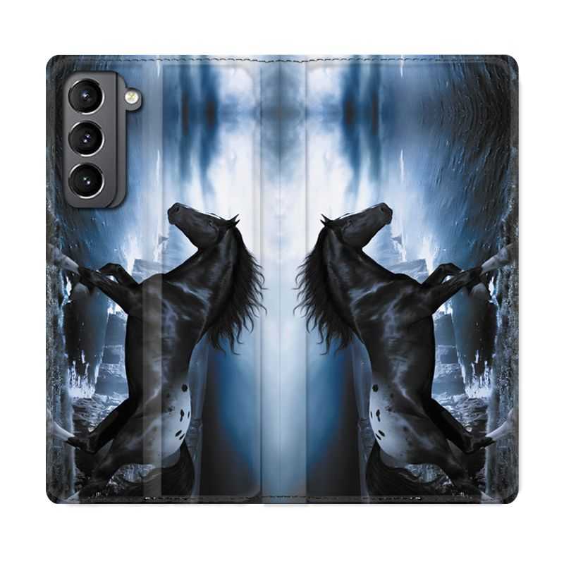 Housse Cuir Portefeuille Pour Samsung Galaxy S21 Cheval Noir