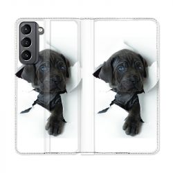 Housse Cuir Portefeuille Pour Samsung Galaxy S21 Chien Noir