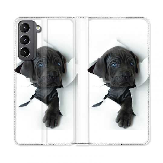 Housse Cuir Portefeuille Pour Samsung Galaxy S21 Chien Noir