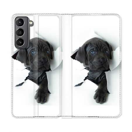 Housse Cuir Portefeuille Pour Samsung Galaxy S21 Chien Noir