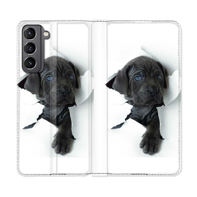 Housse Cuir Portefeuille Pour Samsung Galaxy S21 Chien Noir