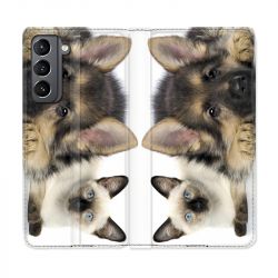 Housse Cuir Portefeuille Pour Samsung Galaxy S21 Chien vs Chat