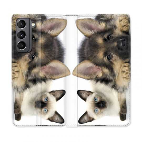 Housse Cuir Portefeuille Pour Samsung Galaxy S21 Chien vs Chat