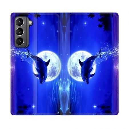 Housse Cuir Portefeuille Pour Samsung Galaxy S21 Dauphin Lune
