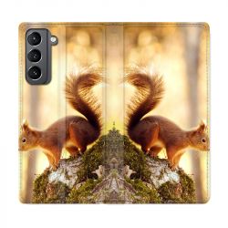 Housse Cuir Portefeuille Pour Samsung Galaxy S21 Ecureuil Bois