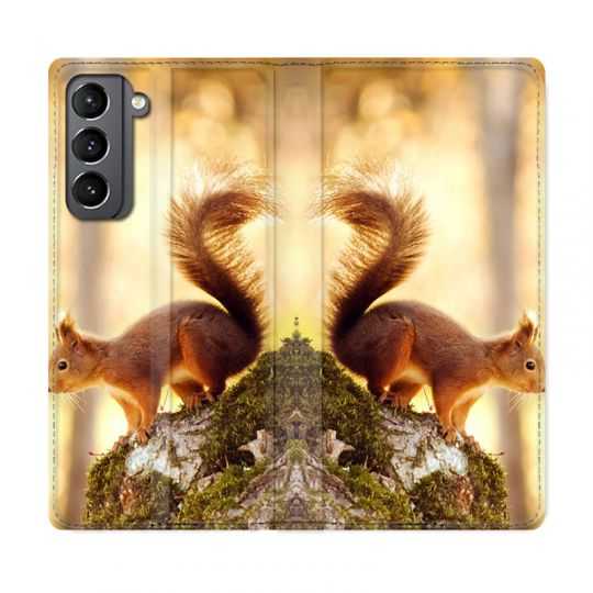 Housse Cuir Portefeuille Pour Samsung Galaxy S21 Ecureuil Bois