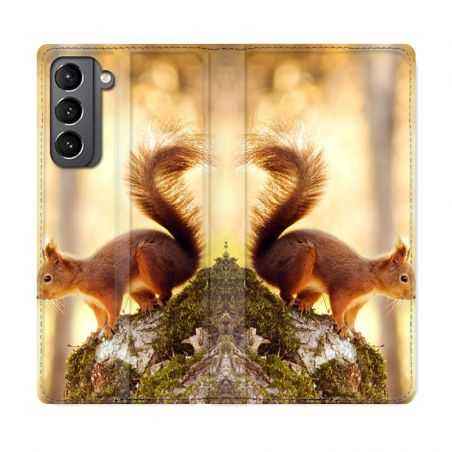 Housse Cuir Portefeuille Pour Samsung Galaxy S21 Ecureuil Bois