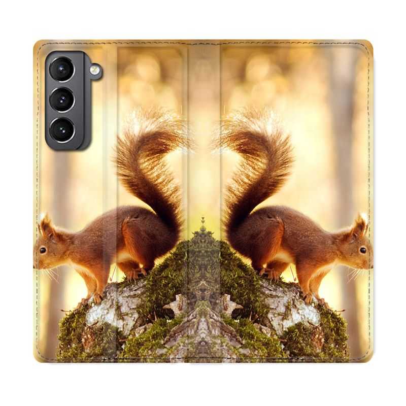 Housse Cuir Portefeuille Pour Samsung Galaxy S21 Ecureuil Bois