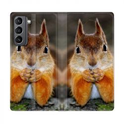 Housse Cuir Portefeuille Pour Samsung Galaxy S21 Ecureuil Face