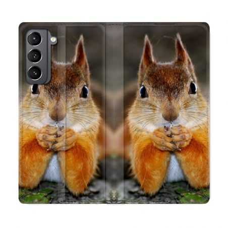 Housse Cuir Portefeuille Pour Samsung Galaxy S21 Ecureuil Face