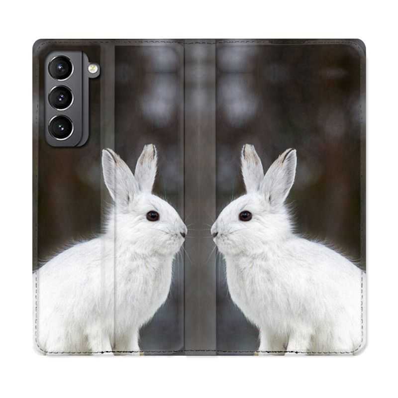 Housse Cuir Portefeuille Pour Samsung Galaxy S21 Lapin Blanc