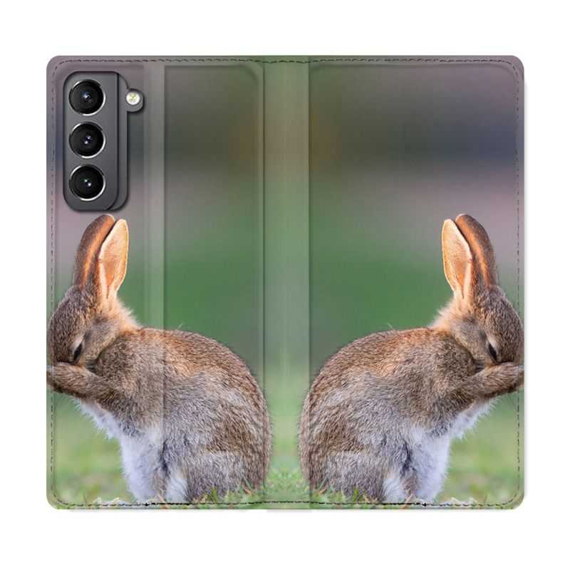 Housse Cuir Portefeuille Pour Samsung Galaxy S21 Lapin Marron