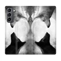 Housse Cuir Portefeuille Pour Samsung Galaxy S21 Loup Duo