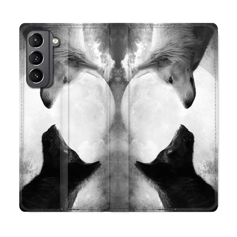 Housse Cuir Portefeuille Pour Samsung Galaxy S21 Loup Duo