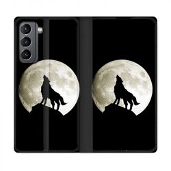 Housse Cuir Portefeuille Pour Samsung Galaxy S21 Loup Noir