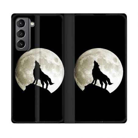 Housse Cuir Portefeuille Pour Samsung Galaxy S21 Loup Noir