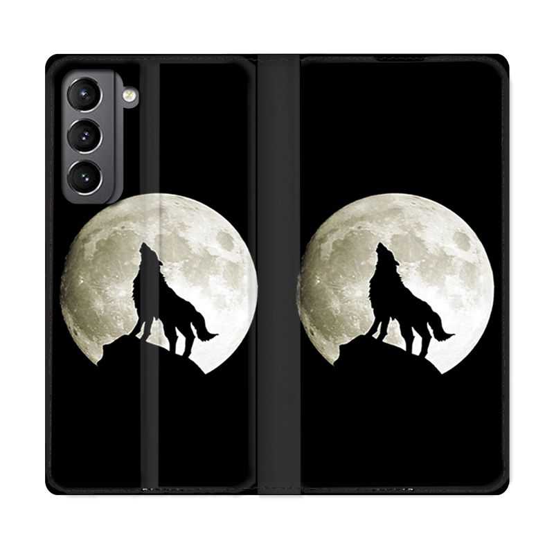 Housse Cuir Portefeuille Pour Samsung Galaxy S21 Loup Noir