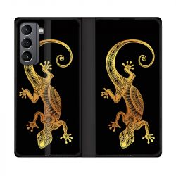 Housse Cuir Portefeuille Pour Samsung Galaxy S21 Animaux Maori Lezard Noir