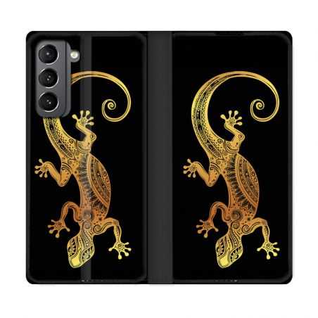 Housse Cuir Portefeuille Pour Samsung Galaxy S21 Animaux Maori Lezard Noir