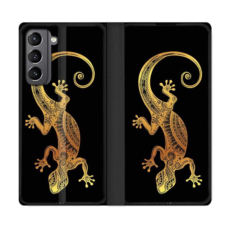 Housse Cuir Portefeuille Pour Samsung Galaxy S21 Animaux Maori Lezard Noir