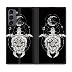 Housse Cuir Portefeuille Pour Samsung Galaxy S21 Animaux Maori Tortue Noir