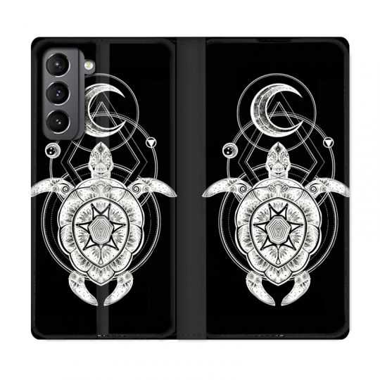 Housse Cuir Portefeuille Pour Samsung Galaxy S21 Animaux Maori Tortue Noir
