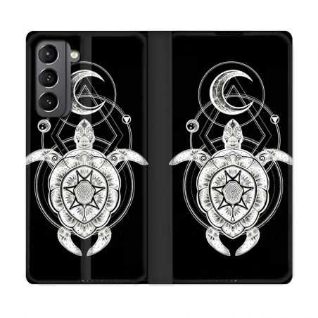 Housse Cuir Portefeuille Pour Samsung Galaxy S21 Animaux Maori Tortue Noir