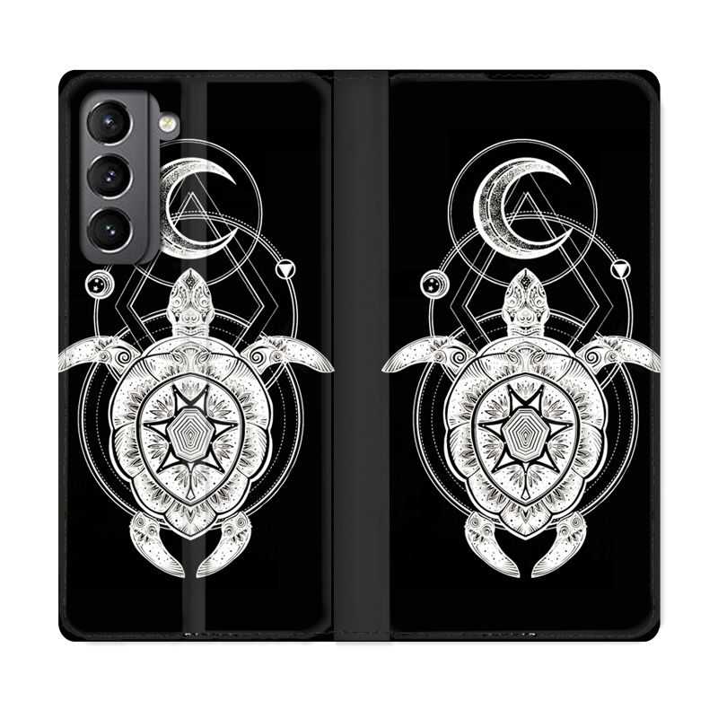Housse Cuir Portefeuille Pour Samsung Galaxy S21 Animaux Maori Tortue Noir
