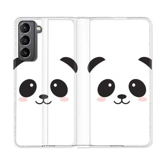 Housse Cuir Portefeuille Pour Samsung Galaxy S21 Panda Blanc