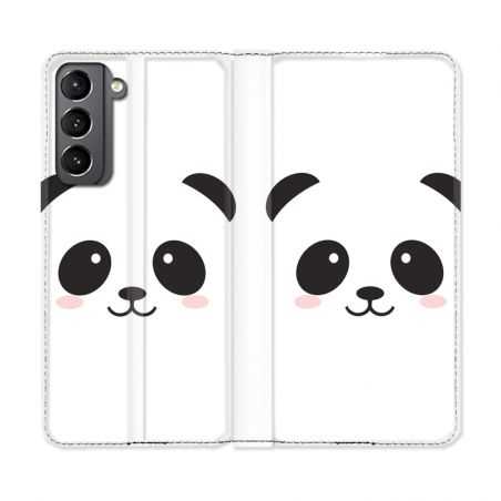 Housse Cuir Portefeuille Pour Samsung Galaxy S21 Panda Blanc