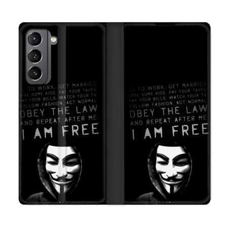 Housse Cuir Portefeuille Pour Samsung Galaxy S21 Anonymous I am free