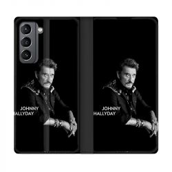 Housse Cuir Portefeuille Pour Samsung Galaxy S21 Johnny Hallyday Noir
