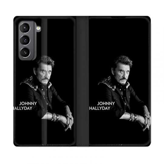 Housse Cuir Portefeuille Pour Samsung Galaxy S21 Johnny Hallyday Noir