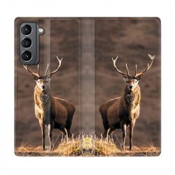 Housse Cuir Portefeuille Pour Samsung Galaxy S21 Chasse Chevreuil Blanc